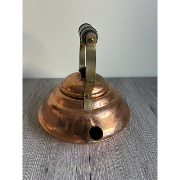 Vintage Copper Tea Pot Kettle 6" diameter Wood And Brass Handle - Picture 2 of 9